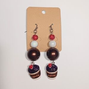 HANDMADE Red & Brown Beaded Coffee Cup Earrings for Coffee Lovers